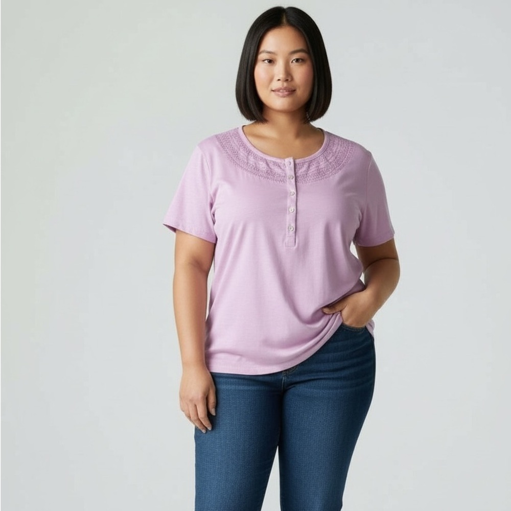 Eddie Bauer XL Pink Henley Short Sleeve Cotton Knit Button Top Spring Summer